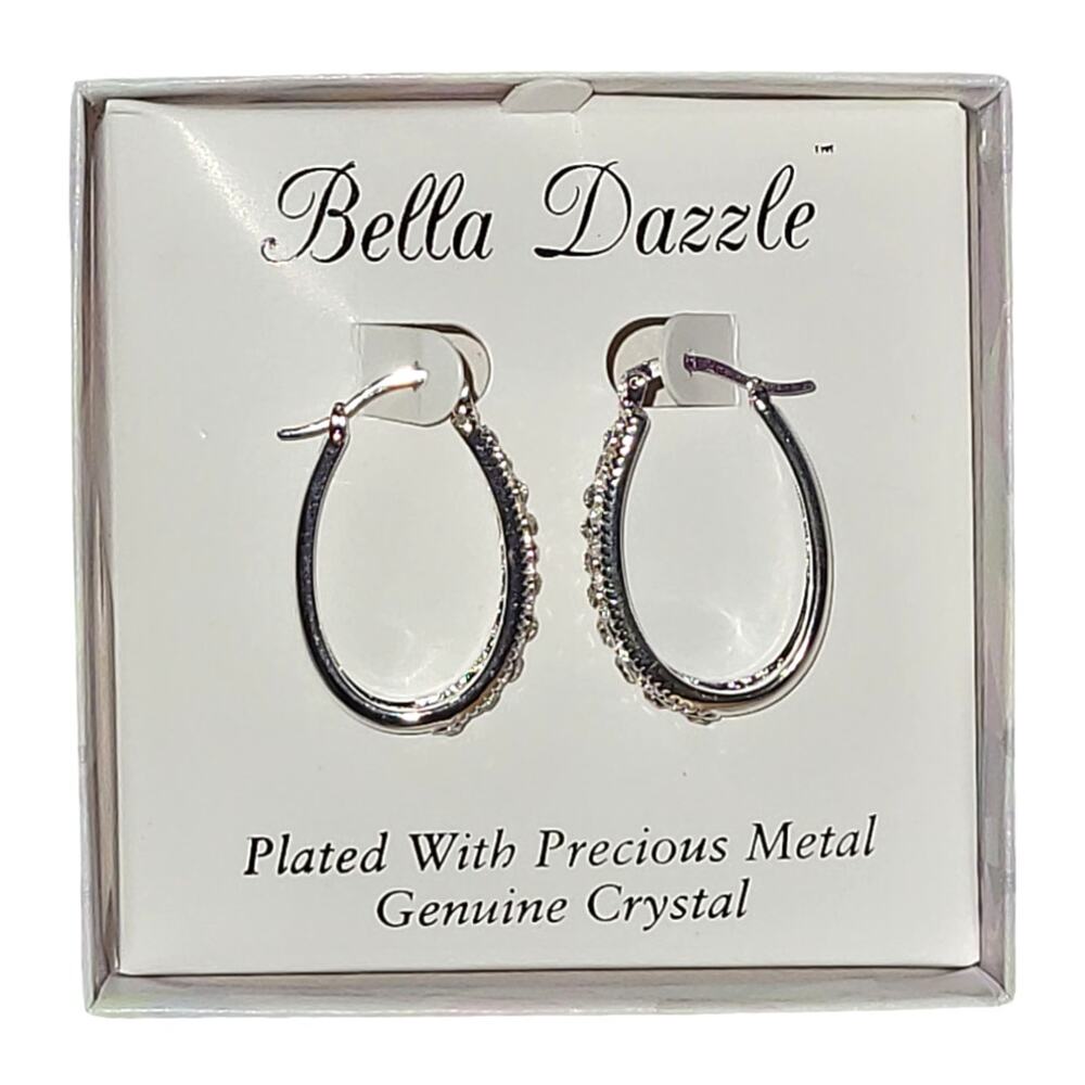 Bella Dazzle Silver Plated Crystal Oval Hoop Earrings 1.25” Dressy Evening Box